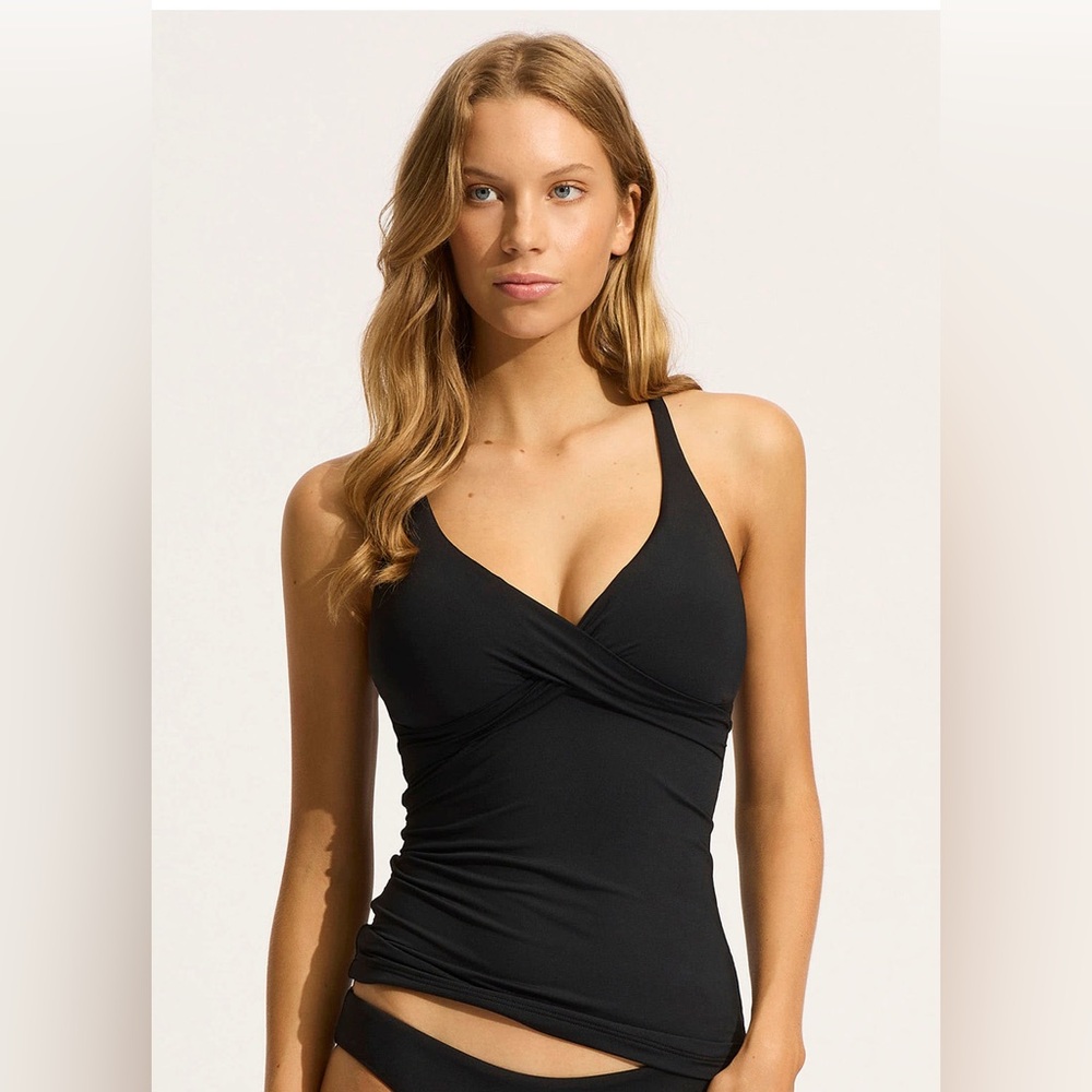 Seafolly Collective MultiFit Wrap Front Tankini Bikini Top - Black size 14